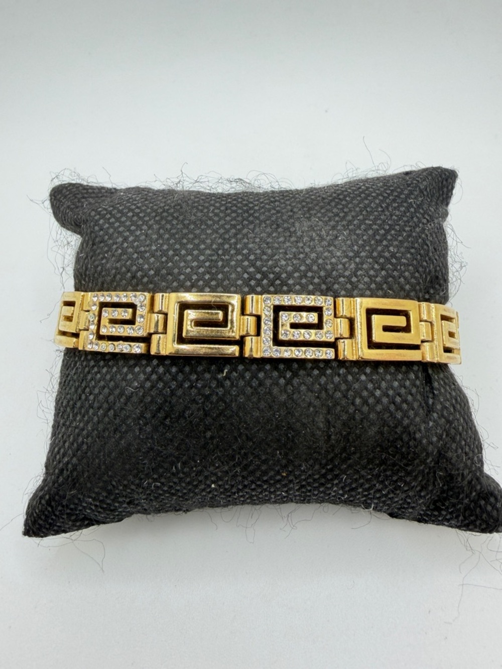 7.5" Gold tone metal and pave‎ rhinestones 10mm thick Greek Key Bracelet!